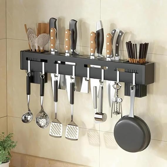 Wall Mount Knife Holder & Storage Rack – Aluminum Alloy, 8 Hooks, 4 Knife Slots, 2 Cups, Towel Hanger – Black