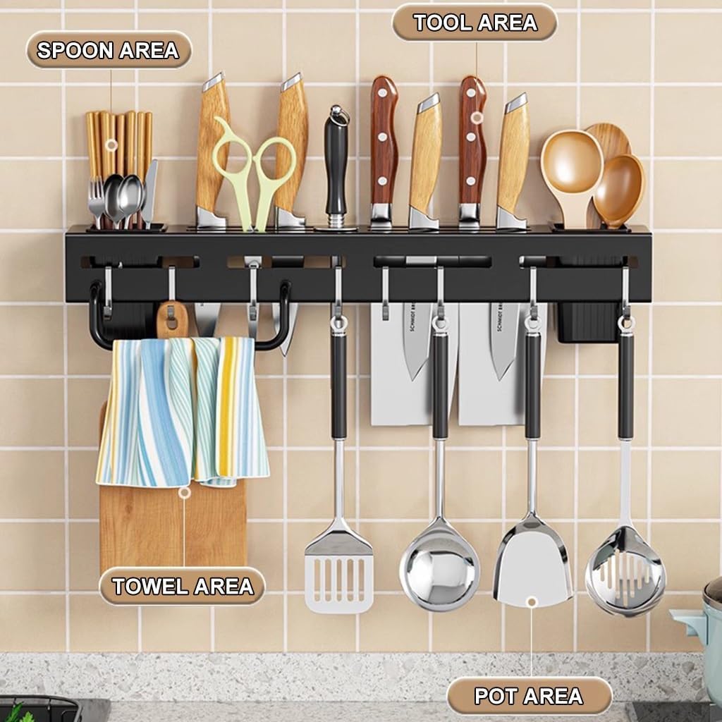 Wall Mount Knife Holder & Storage Rack – Aluminum Alloy, 8 Hooks, 4 Knife Slots, 2 Cups, Towel Hanger – Black
