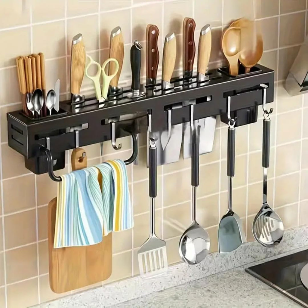 Wall Mount Knife Holder & Storage Rack – Aluminum Alloy, 8 Hooks, 4 Knife Slots, 2 Cups, Towel Hanger – Black