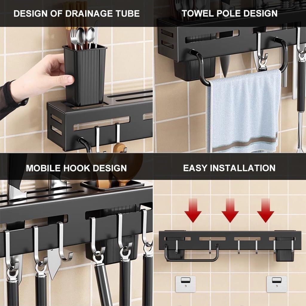Wall Mount Knife Holder & Storage Rack – Aluminum Alloy, 8 Hooks, 4 Knife Slots, 2 Cups, Towel Hanger – Black