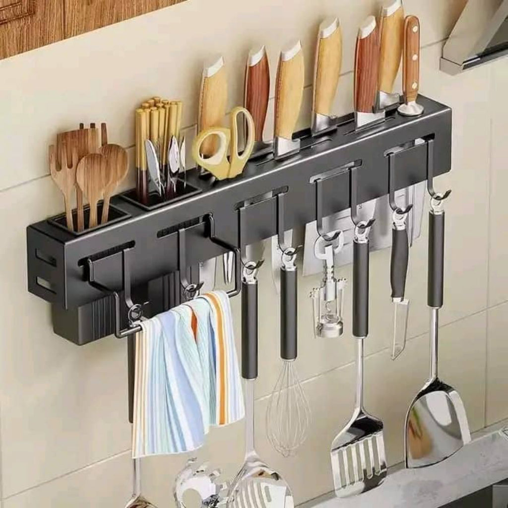 Wall Mount Knife Holder & Storage Rack – Aluminum Alloy, 8 Hooks, 4 Knife Slots, 2 Cups, Towel Hanger – Black