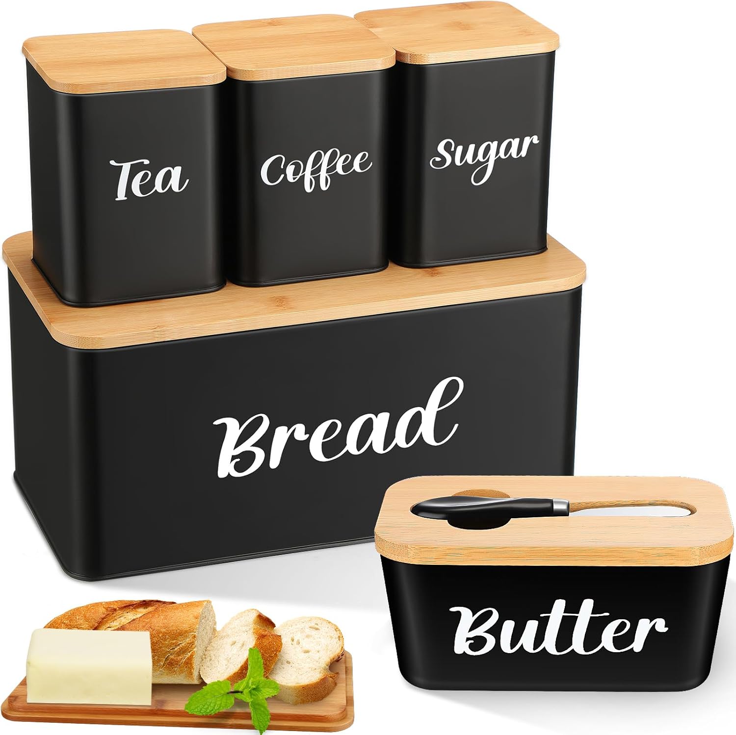 Bread Box & Butter Dish Set – Farmhouse Metal Bread Box with Bamboo Cutting Board Lid, Ceramic Butter Container + 3 Airtight Kitchen Canisters