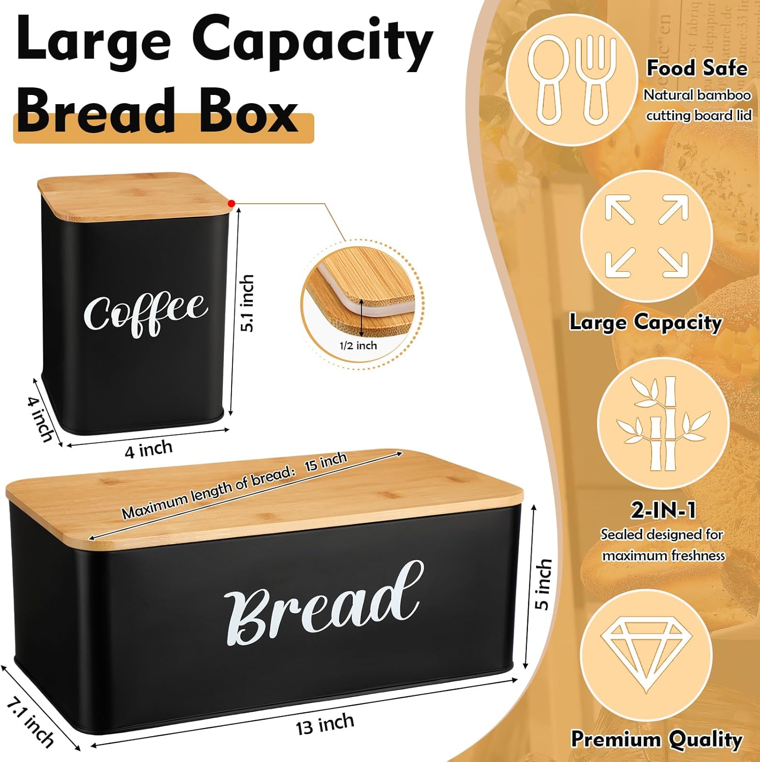 Bread Box & Butter Dish Set – Farmhouse Metal Bread Box with Bamboo Cutting Board Lid, Ceramic Butter Container + 3 Airtight Kitchen Canisters