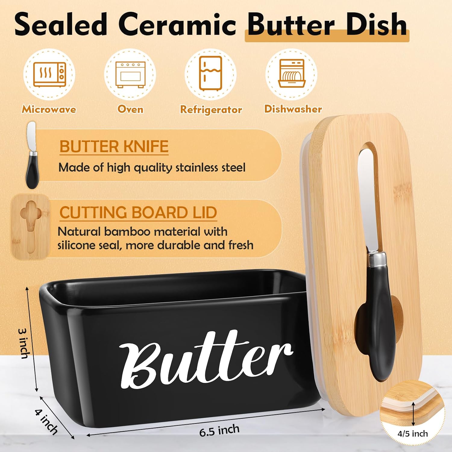 Bread Box & Butter Dish Set – Farmhouse Metal Bread Box with Bamboo Cutting Board Lid, Ceramic Butter Container + 3 Airtight Kitchen Canisters