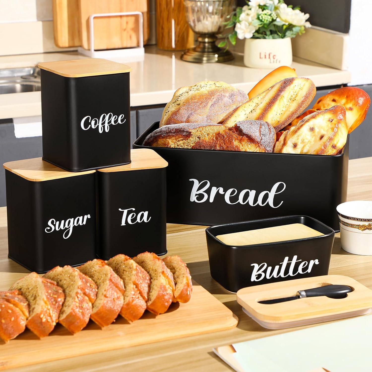 Bread Box & Butter Dish Set – Farmhouse Metal Bread Box with Bamboo Cutting Board Lid, Ceramic Butter Container + 3 Airtight Kitchen Canisters