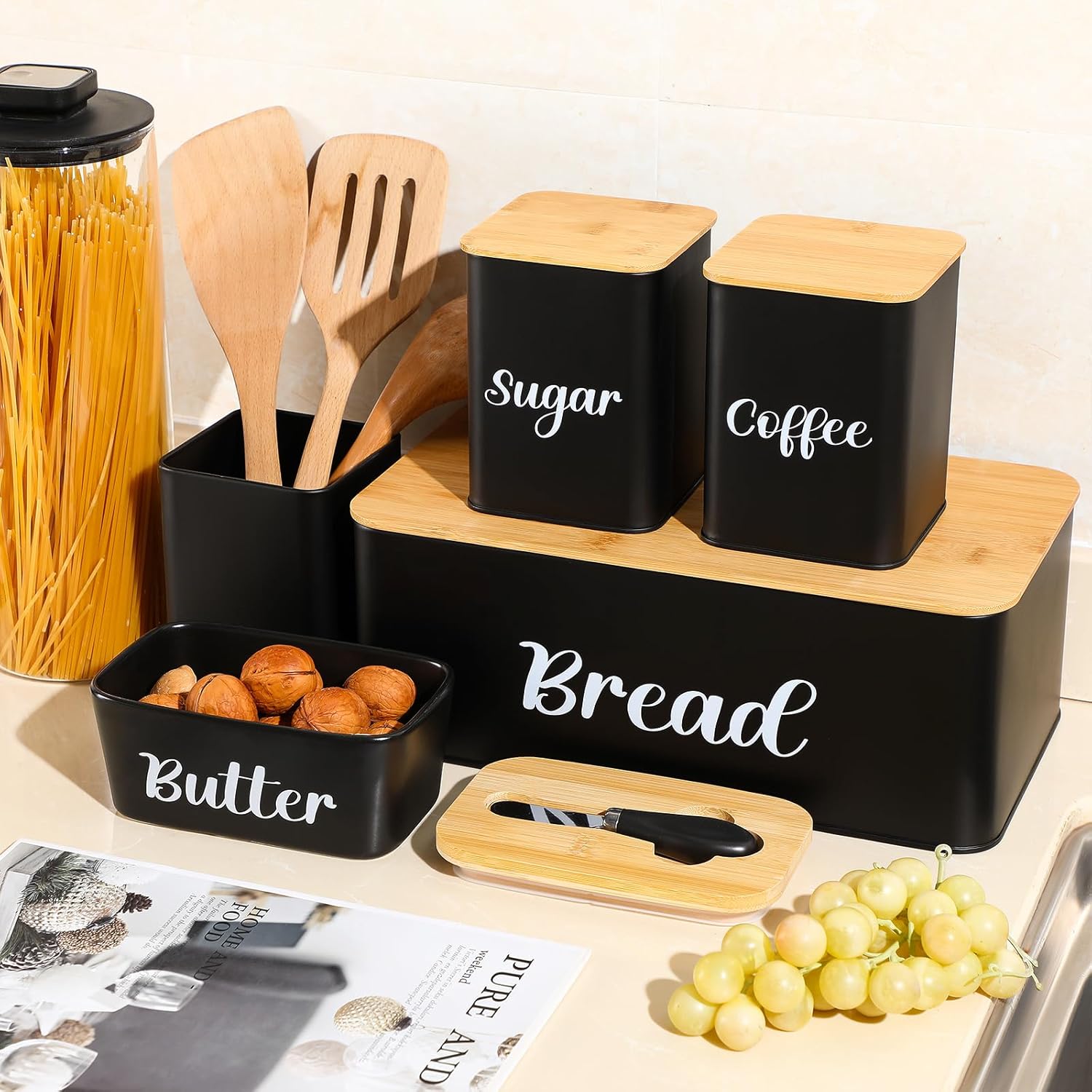Bread Box & Butter Dish Set – Farmhouse Metal Bread Box with Bamboo Cutting Board Lid, Ceramic Butter Container + 3 Airtight Kitchen Canisters