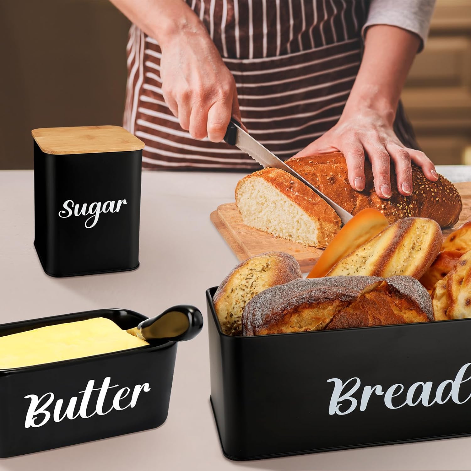 Bread Box & Butter Dish Set – Farmhouse Metal Bread Box with Bamboo Cutting Board Lid, Ceramic Butter Container + 3 Airtight Kitchen Canisters