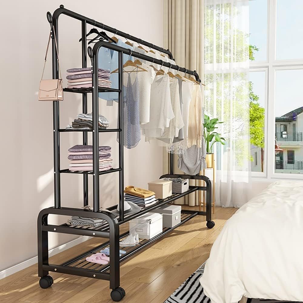 SpaceMax Pro Double-Rack Clothing Rail | Heavy-Duty Garment Rack with Shoe Shelf & 8 Hooks