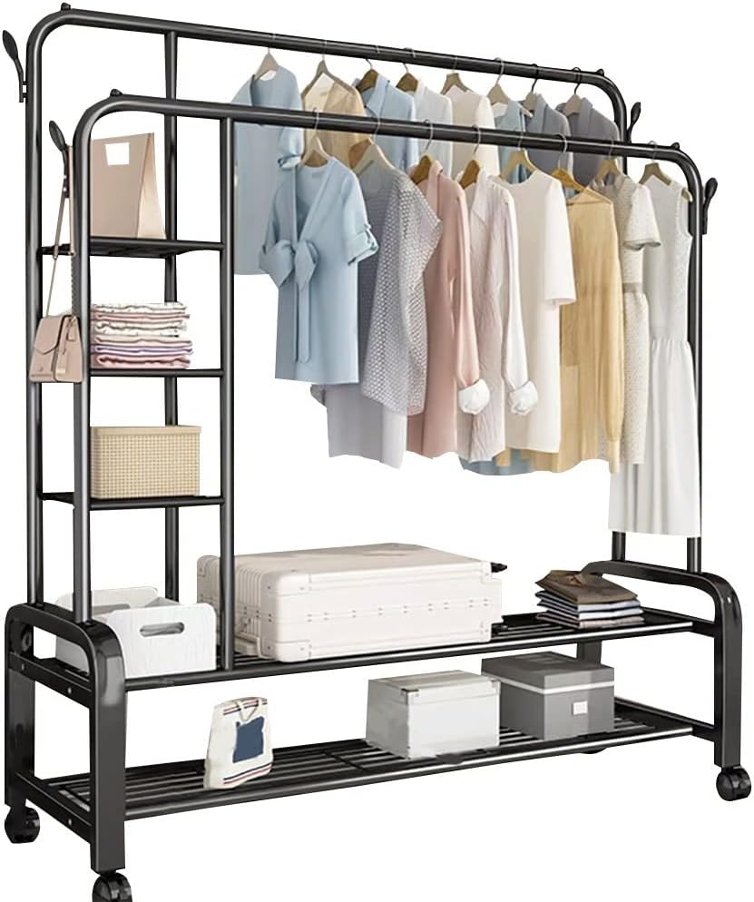 SpaceMax Pro Double-Rack Clothing Rail | Heavy-Duty Garment Rack with Shoe Shelf & 8 Hooks