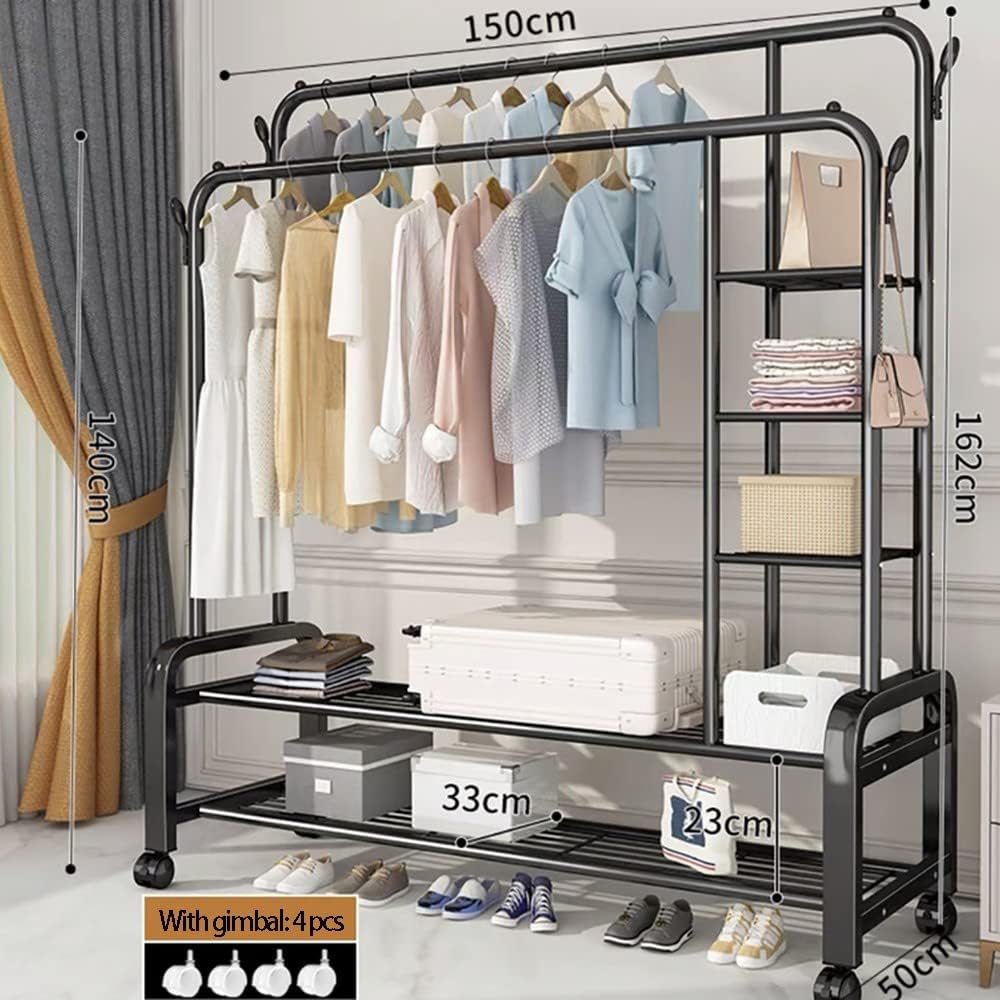 SpaceMax Pro Double-Rack Clothing Rail | Heavy-Duty Garment Rack with Shoe Shelf & 8 Hooks