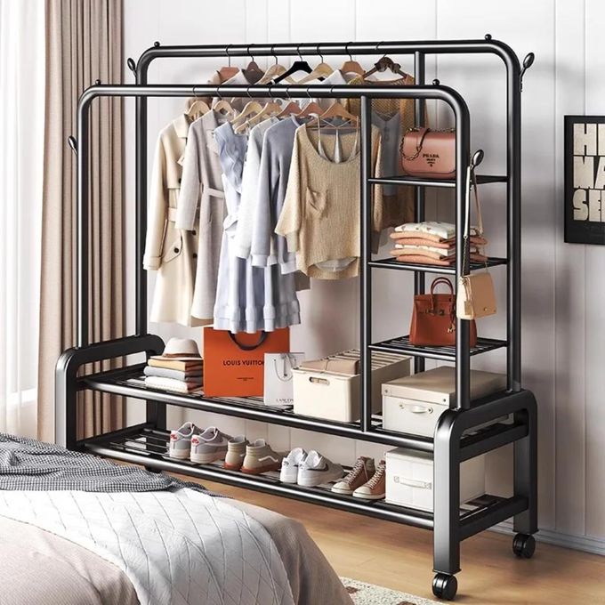 SpaceMax Pro Double-Rack Clothing Rail | Heavy-Duty Garment Rack with Shoe Shelf & 8 Hooks