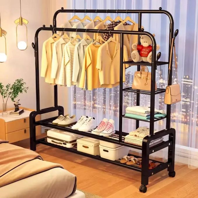 SpaceMax Pro Double-Rack Clothing Rail | Heavy-Duty Garment Rack with Shoe Shelf & 8 Hooks