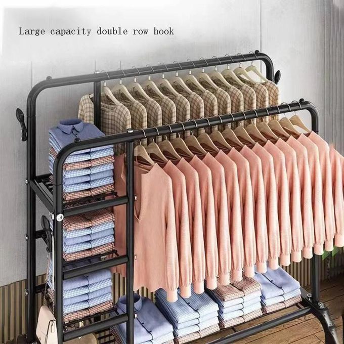 SpaceMax Pro Double-Rack Clothing Rail | Heavy-Duty Garment Rack with Shoe Shelf & 8 Hooks