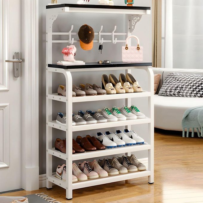 4-Tier Metal Shoe Rack with Hooks – Freestanding Multi-Level Shoe Organizer for Entryway, Hallway & Bedroom (Max Load 100kg)