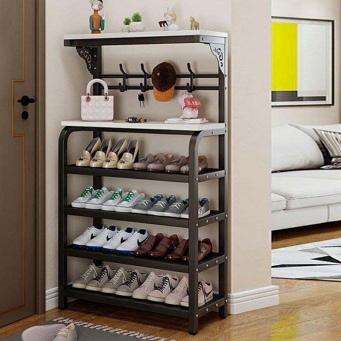 4-Tier Metal Shoe Rack with Hooks – Freestanding Multi-Level Shoe Organizer for Entryway, Hallway & Bedroom (Max Load 100kg)