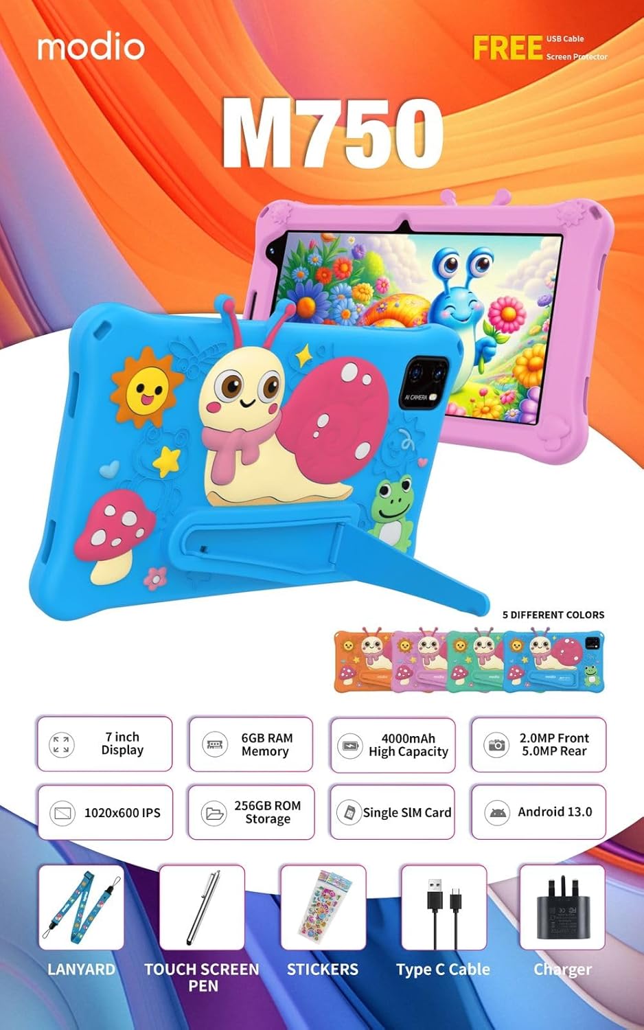 Modio Kids Tab M750 | 7" Android Tablet 4GB RAM 64GB Storage with Kid-Proof Case