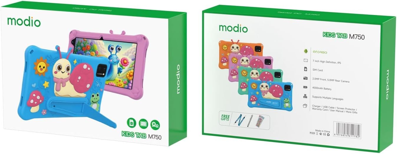 Modio Kids Tab M750 | 7" Android Tablet 4GB RAM 64GB Storage with Kid-Proof Case