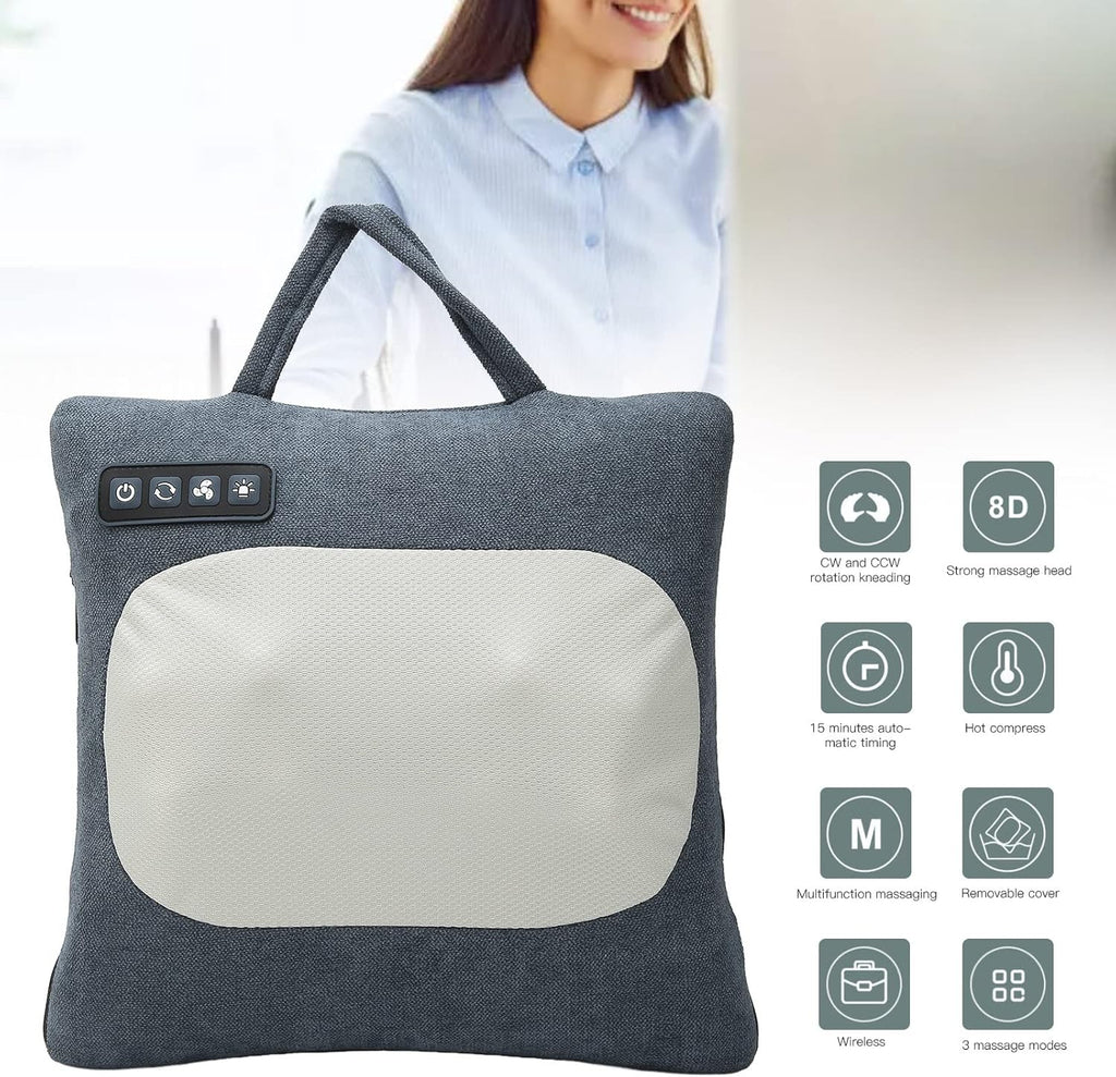 Neck & Back Massage Pillow with Heat | 3-Mode Rechargeable Kneading Cushion