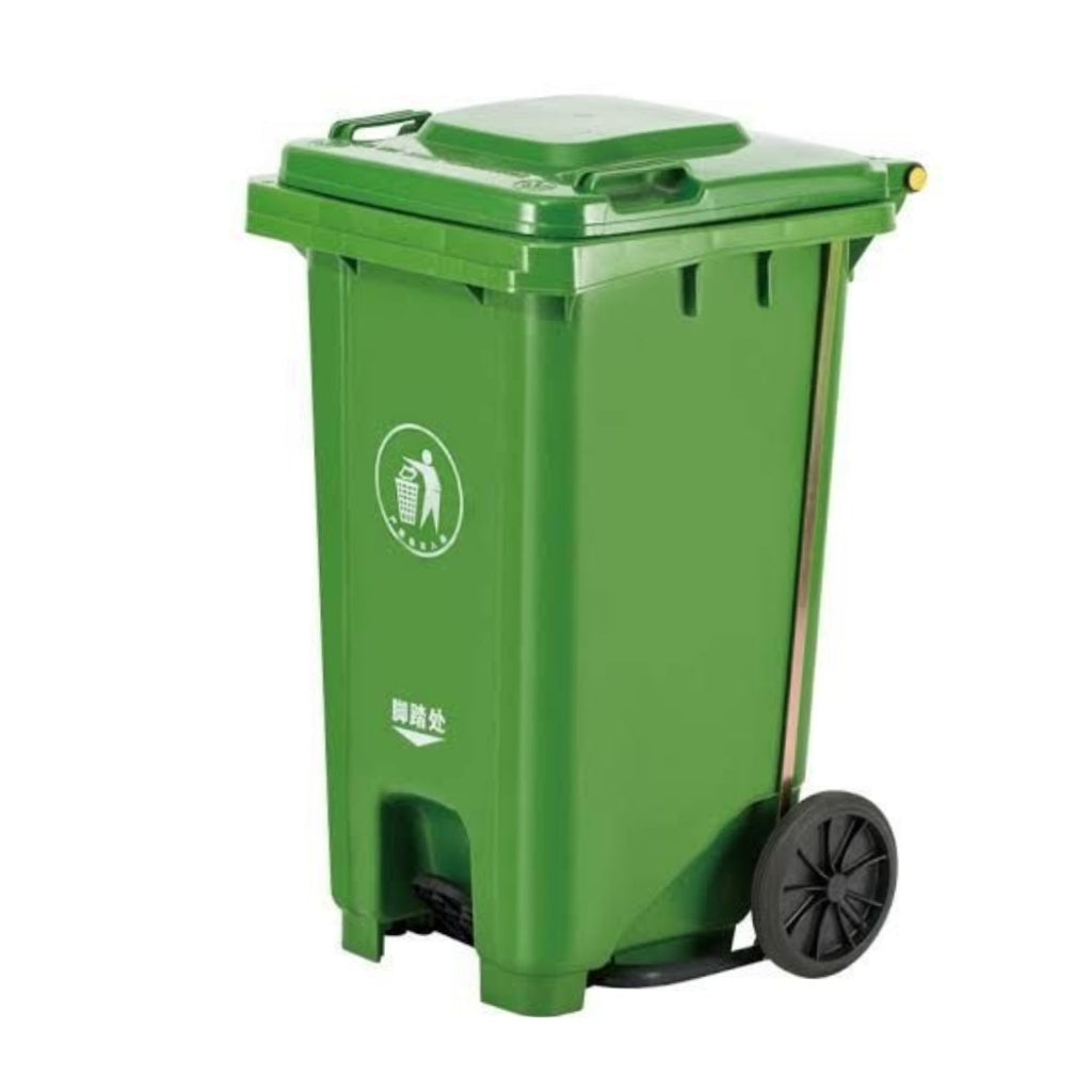 Green trash bin with a lid on a white background