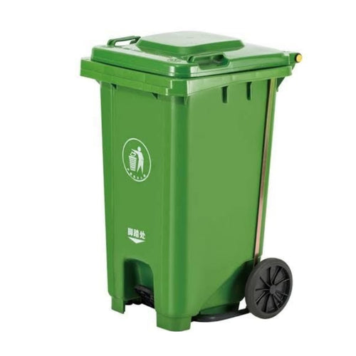 Green trash bin with a lid on a white background