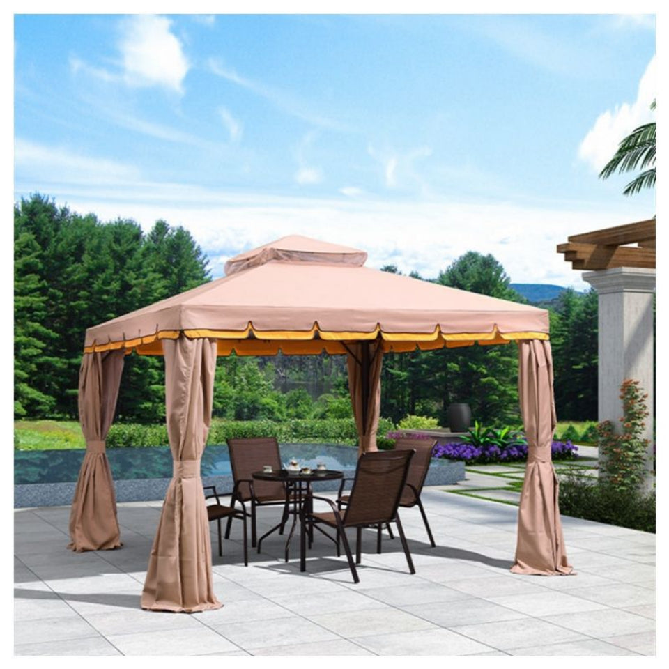3x3m Purple Leaf Outdoor Patio Gazebo with Double Roof, Mosquito Net Curtains & Steel Frame – Waterproof Garden Party Tent (Khaki)