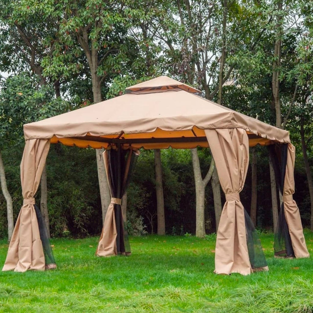 10x10 Ft Outdoor Gazebo Canopy Tent with Aluminium Frame, Fabric Roof, Curtains & Mosquito Net – Garden Patio Party Shelter (Beige)