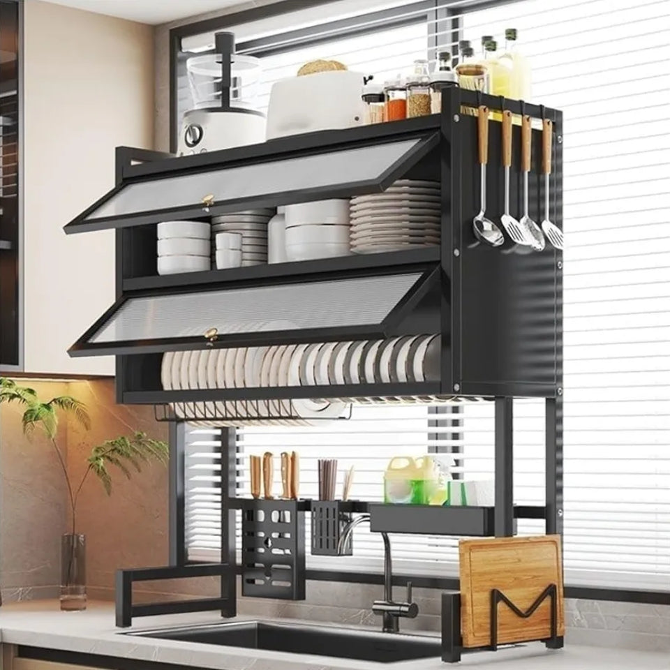 Over-The-Sink Dish Drying Rack with Dustproof Flip Cover – Adjustable 2 Tier Kitchen Organizer