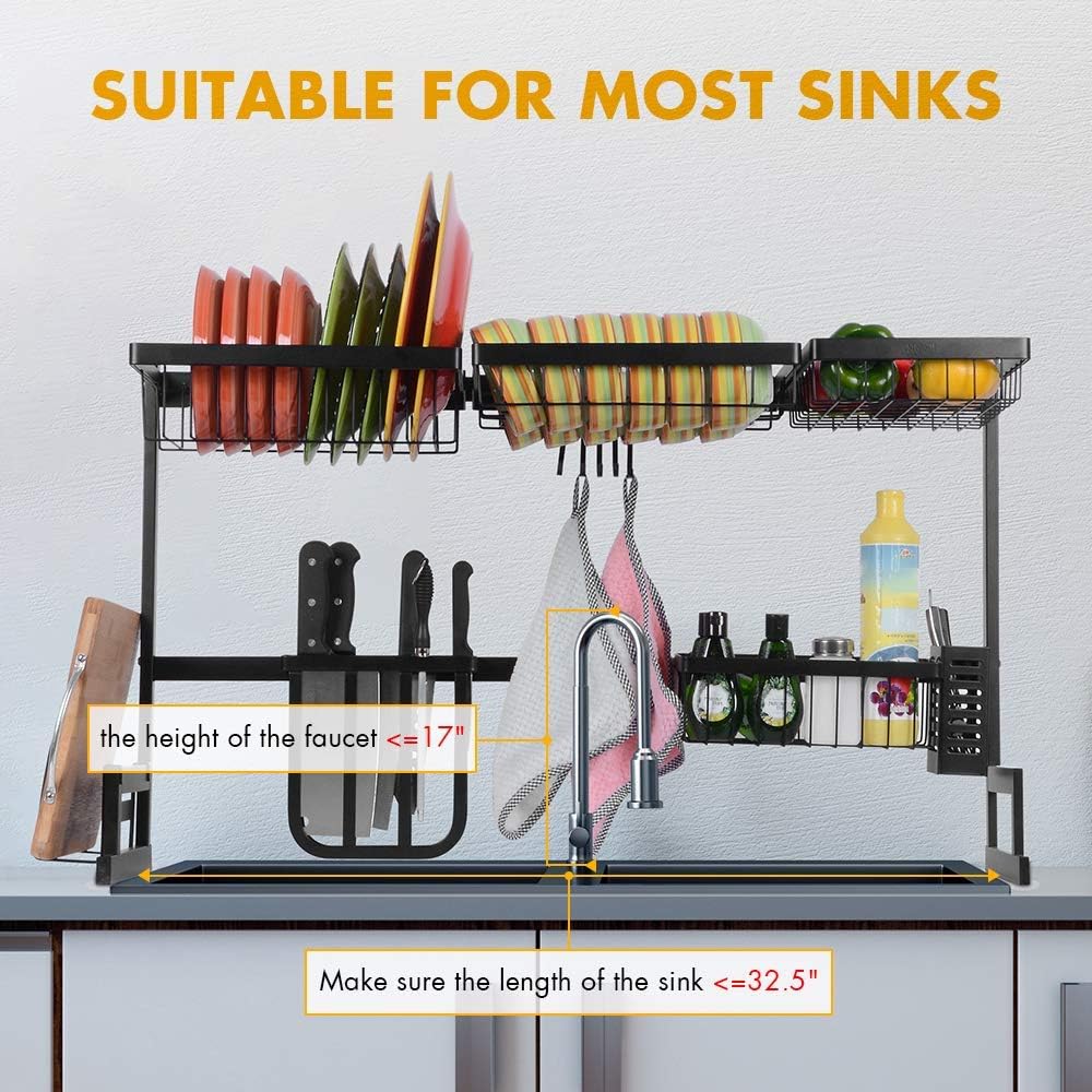 Over Sink Dish Drying Rack – Stainless Steel Kitchen Organizer, Utensil Holder, Space Saver