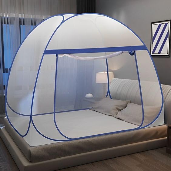 Polyester Washable Mosquito Net for King Size Bed - Foldable with Zippered Doors & 8mm PVC Coated Steel Rod, White & Blue