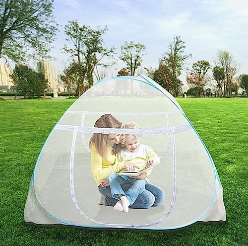 Polyester Washable Mosquito Net for King Size Bed - Foldable with Zippered Doors & 8mm PVC Coated Steel Rod, White & Blue