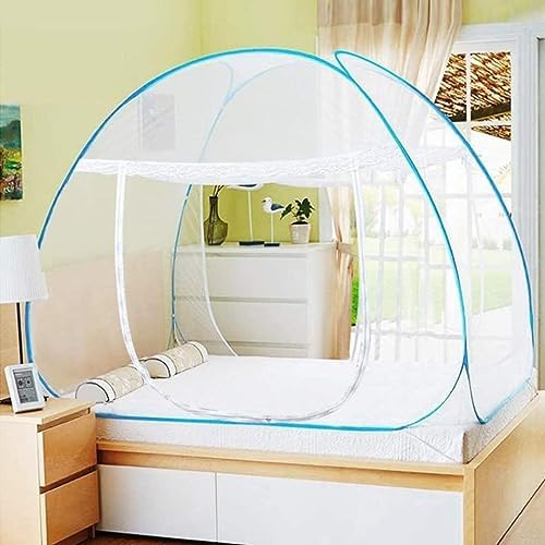 Polyester Washable Mosquito Net for King Size Bed - Foldable with Zippered Doors & 8mm PVC Coated Steel Rod, White & Blue