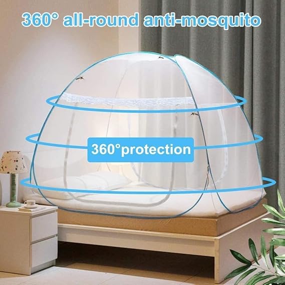 Polyester Washable Mosquito Net for King Size Bed - Foldable with Zippered Doors & 8mm PVC Coated Steel Rod, White & Blue