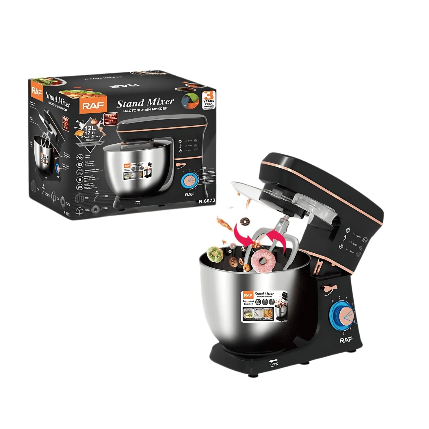 Stand Mixer – RAF R.6615 2000W | 12L Stainless Steel Bowl | 6-Speed with Pulse | 3-in-1 Mixing Functions