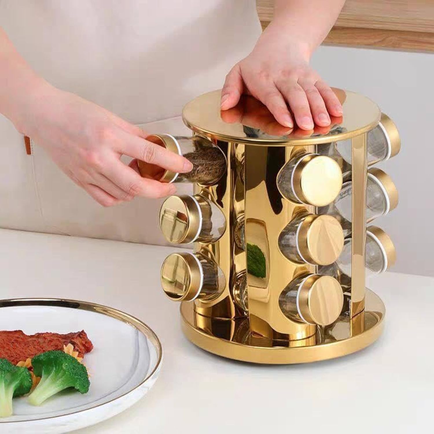 Rotating Spice Rack – 12 Glass Jars with Removable Labels, 360° Spinning Organizer for Kitchen Countertop