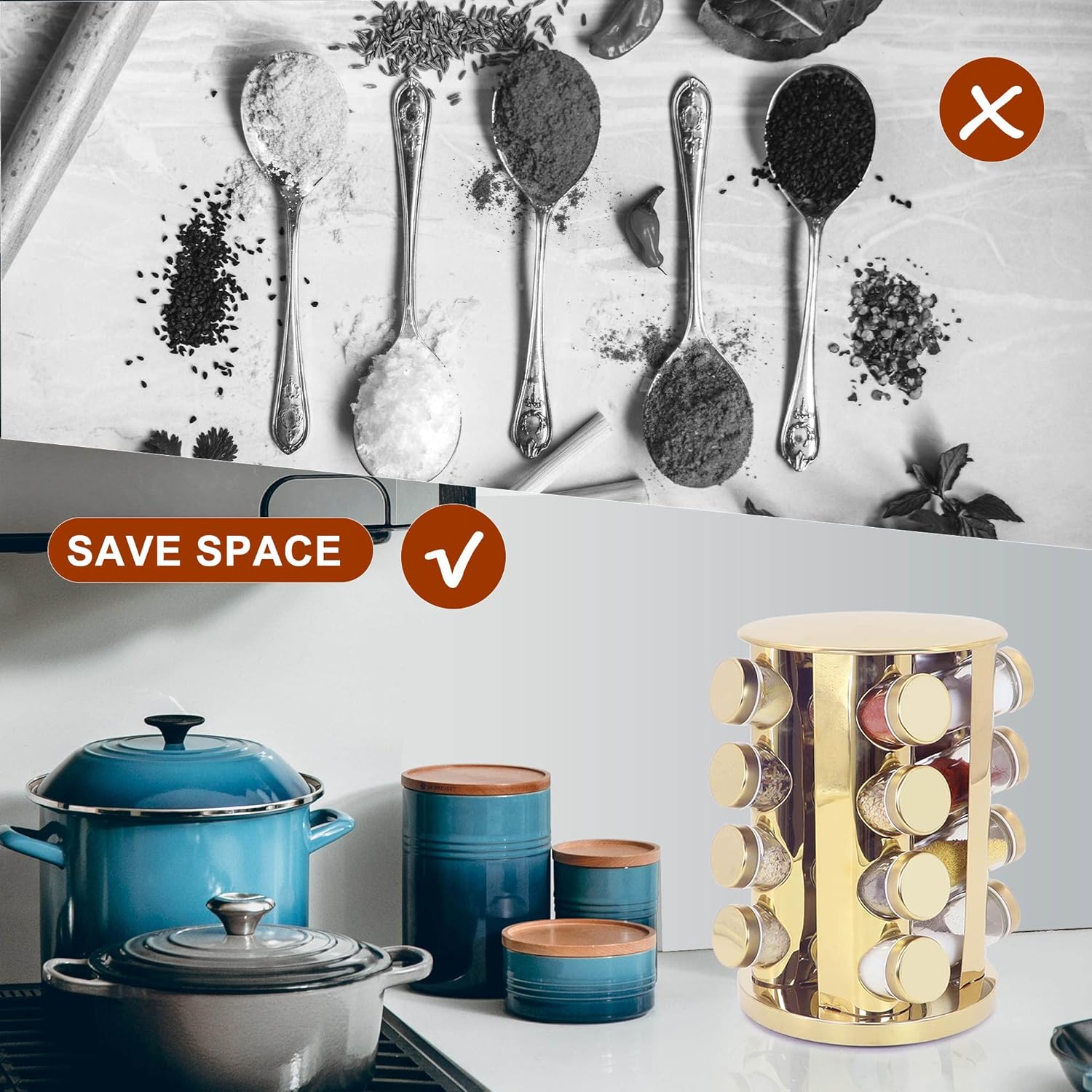 Rotating Spice Rack – 12 Glass Jars with Removable Labels, 360° Spinning Organizer for Kitchen Countertop