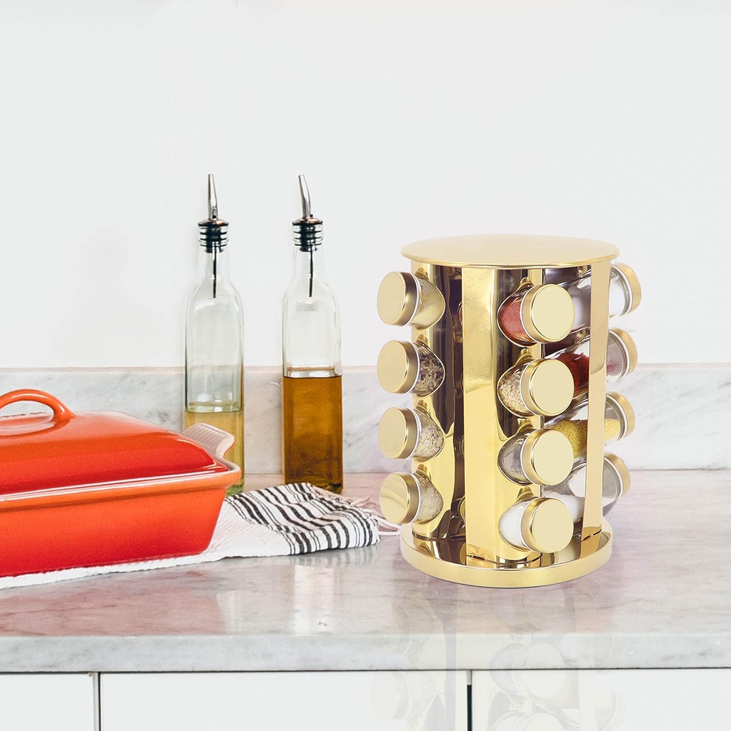 Rotating Spice Rack – 12 Glass Jars with Removable Labels, 360° Spinning Organizer for Kitchen Countertop
