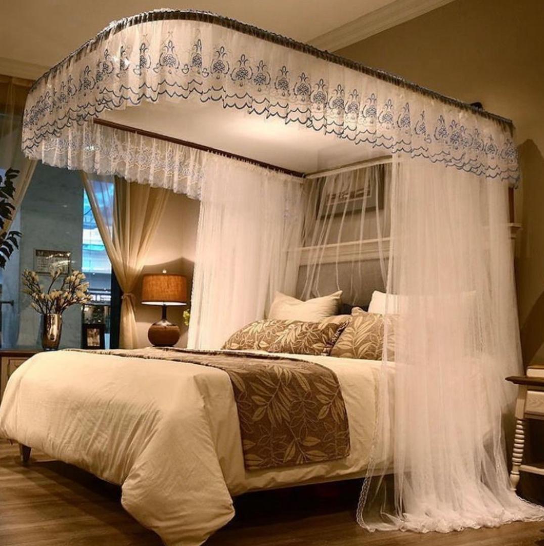 Luxurious Mosquito Net with 2 Stand Rail - Wall Mounted Bed Canopy in White, Pink, Cream, Peach, Purple