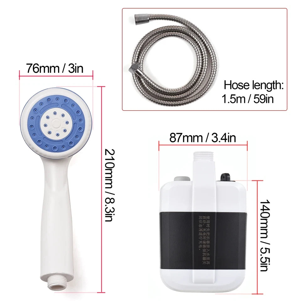 Portable Camping Shower – USB Rechargeable Electric Shower Pump, 2200mAh Battery, 4-5L/min Flow for Camping, Hiking & Pet Cleaning