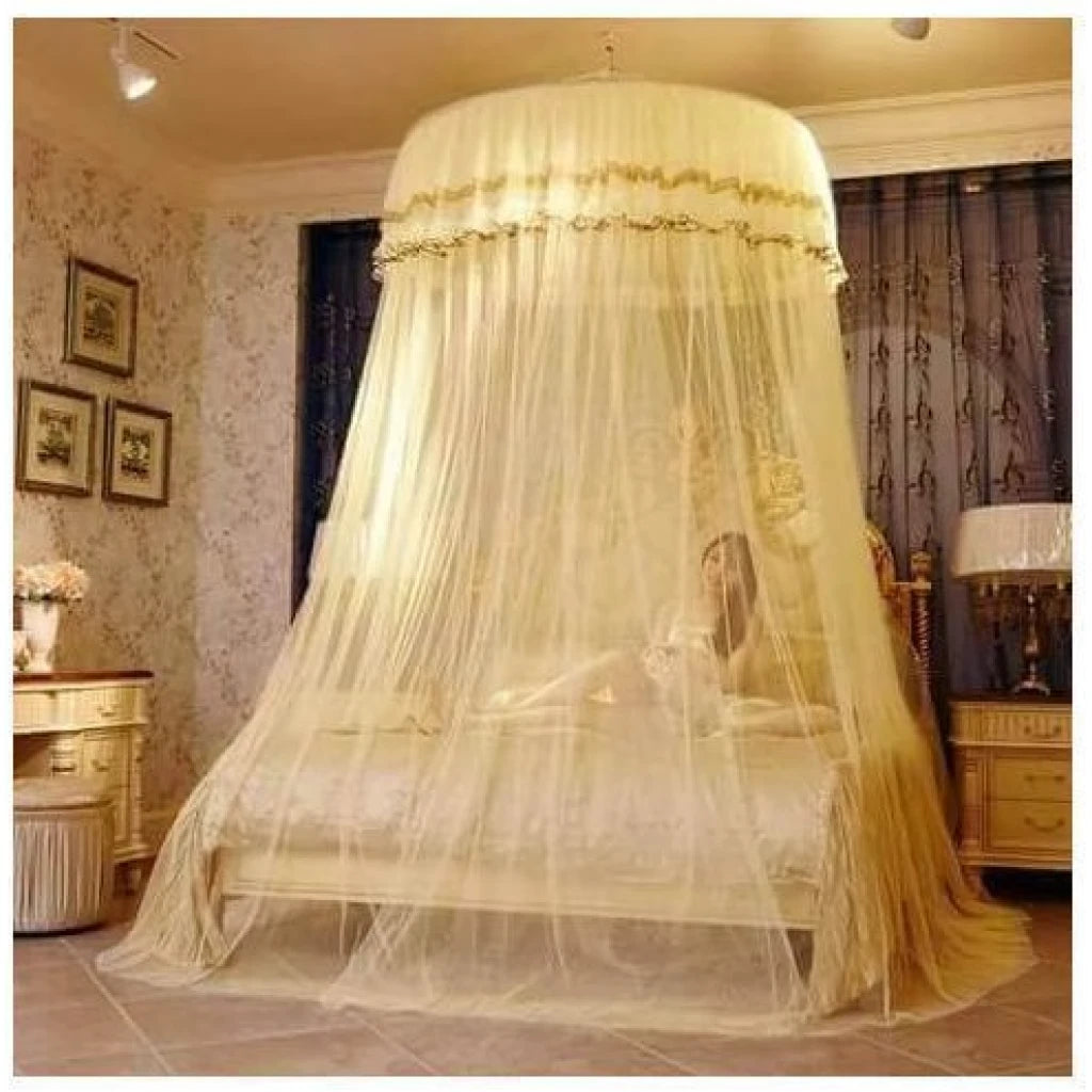 Round Top Mosquito Net - Cream Ceiling Canopy with Elegant Design Variations, Universal Bed Size Fit