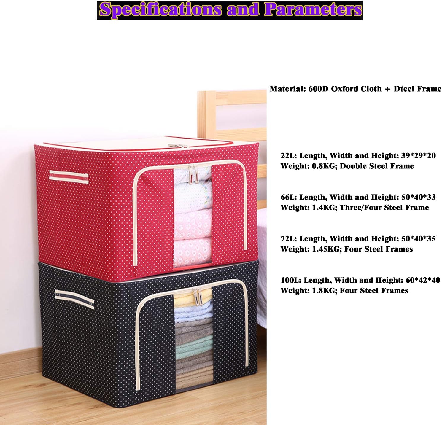 Steel Frame Oxford Cloth Storage Box – 100L Large Capacity, Foldable & Dustproof Organizer for Clothes, Blankets, Quilts