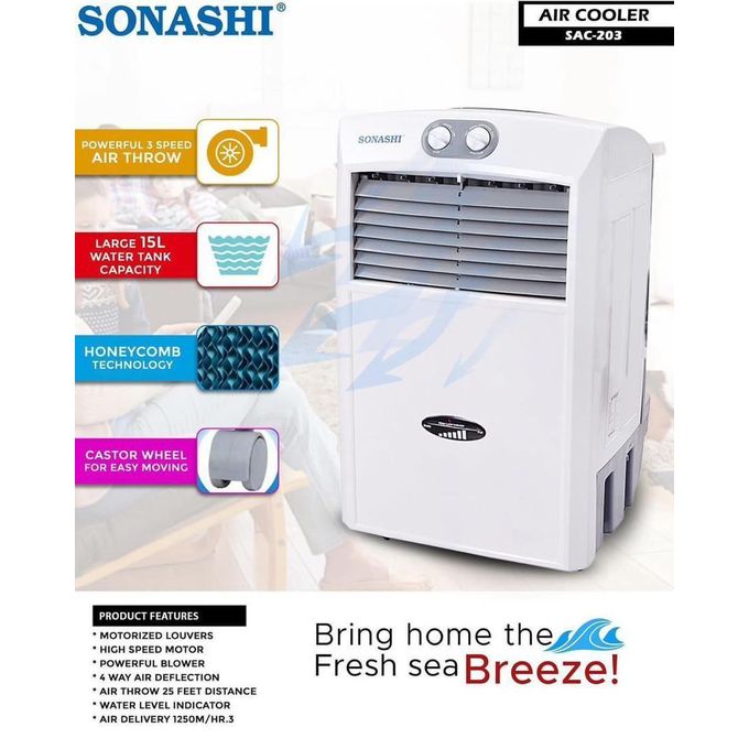 Sonashi 15L Air Cooler SAC-203 – Portable Air Cooler, Honeycomb Cooling, 3 Speed, Ice Chamber, White