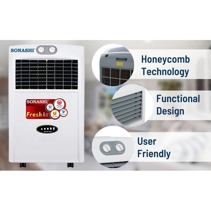 Sonashi 15L Air Cooler SAC-203 – Portable Air Cooler, Honeycomb Cooling, 3 Speed, Ice Chamber, White