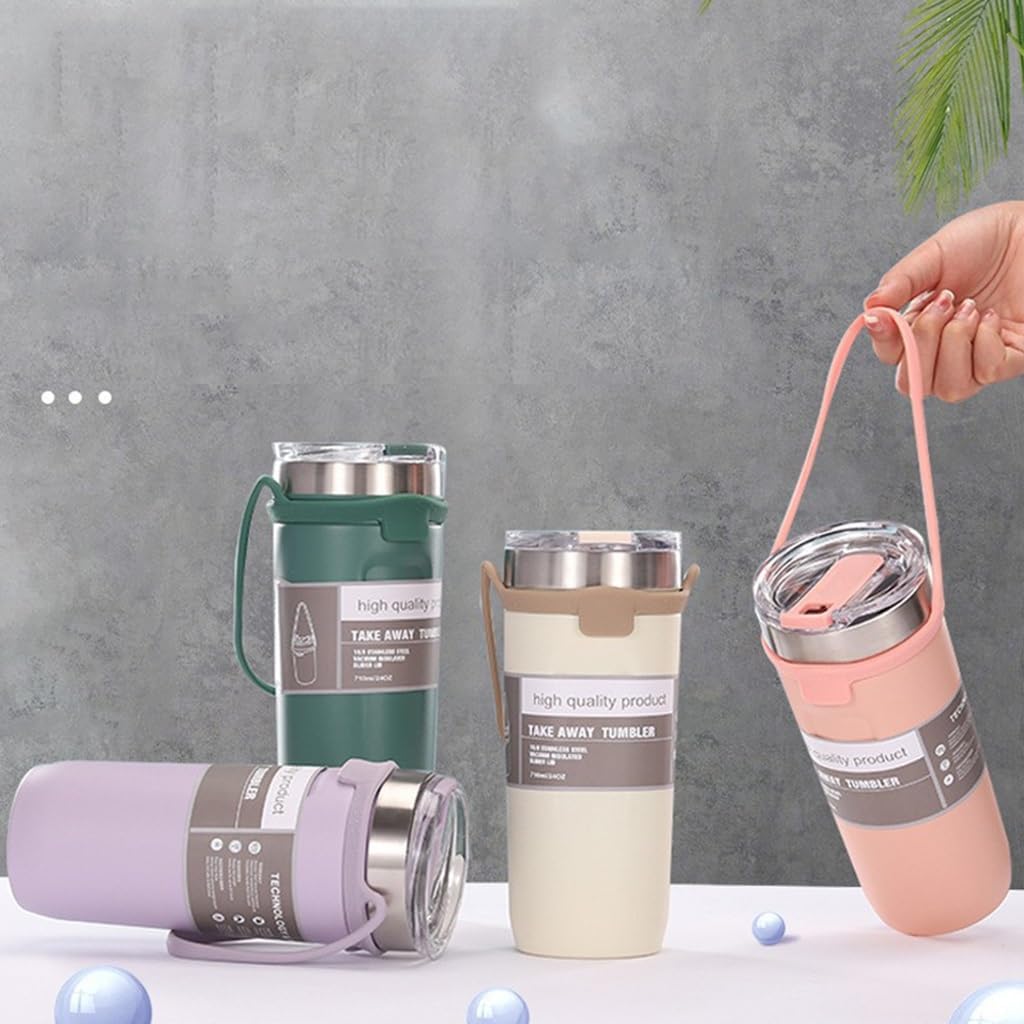 Bingba 710ml Insulated Tumbler with Handle & Straw – Double-Wall Vacuum Stainless Steel Travel Mug, Hot & Cold (Pink)