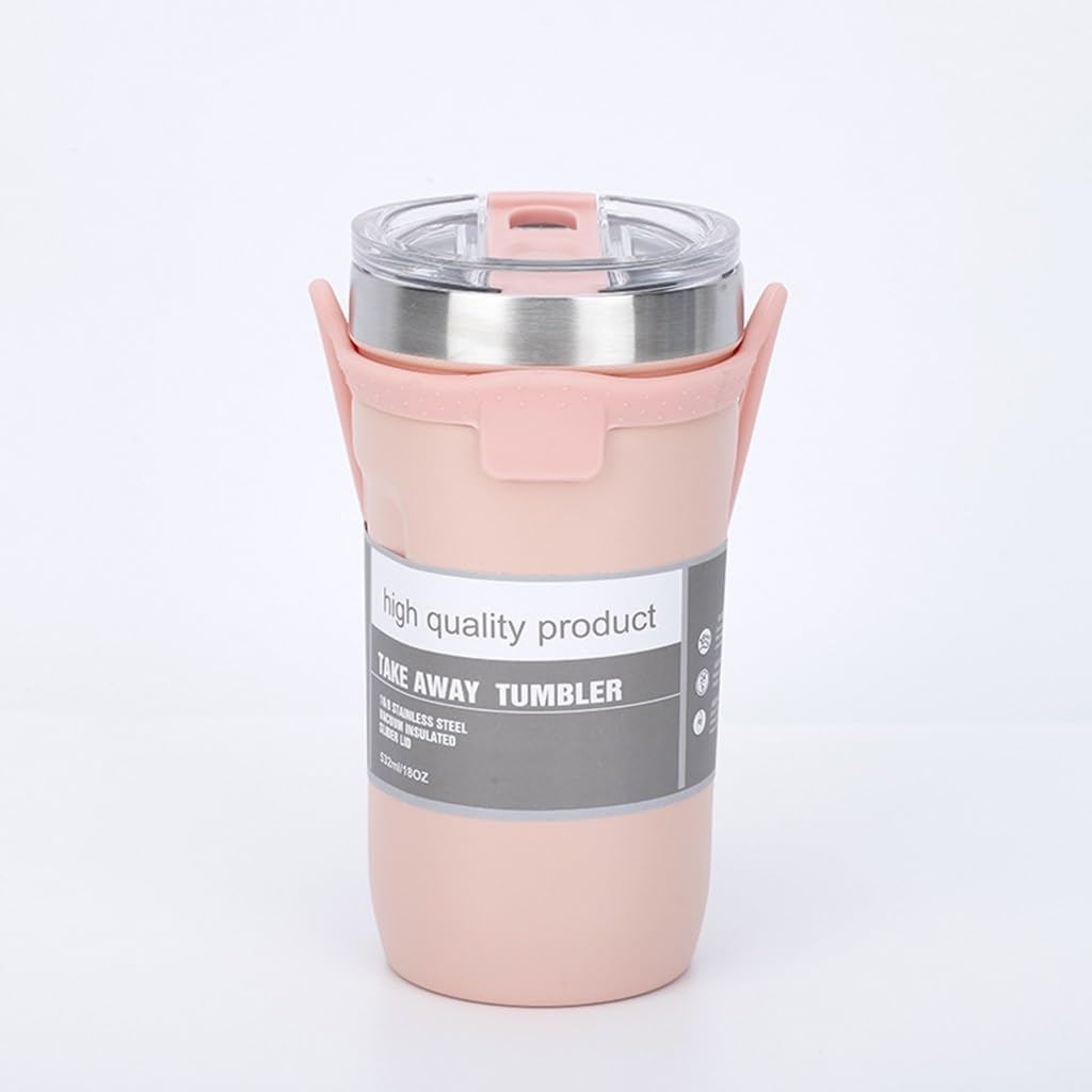 Bingba 710ml Insulated Tumbler with Handle & Straw – Double-Wall Vacuum Stainless Steel Travel Mug, Hot & Cold (Pink)