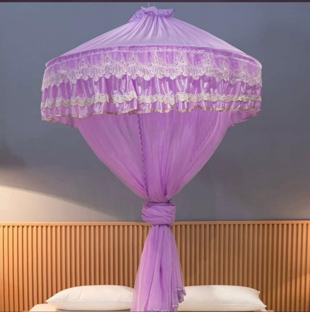 Round Top Mosquito Net - Cream Ceiling Canopy with Elegant Design Variations, Universal Bed Size Fit