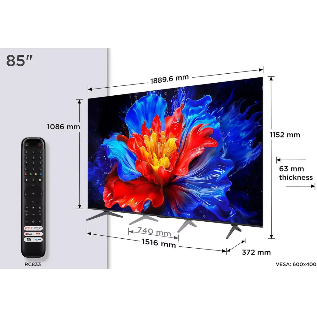 TCL 85 Inch 4K QLED HDR Google TV | 85P8K 2025 Model | 144Hz Native ONKYO 2.1ch 450 Nits | Ultra-Slim