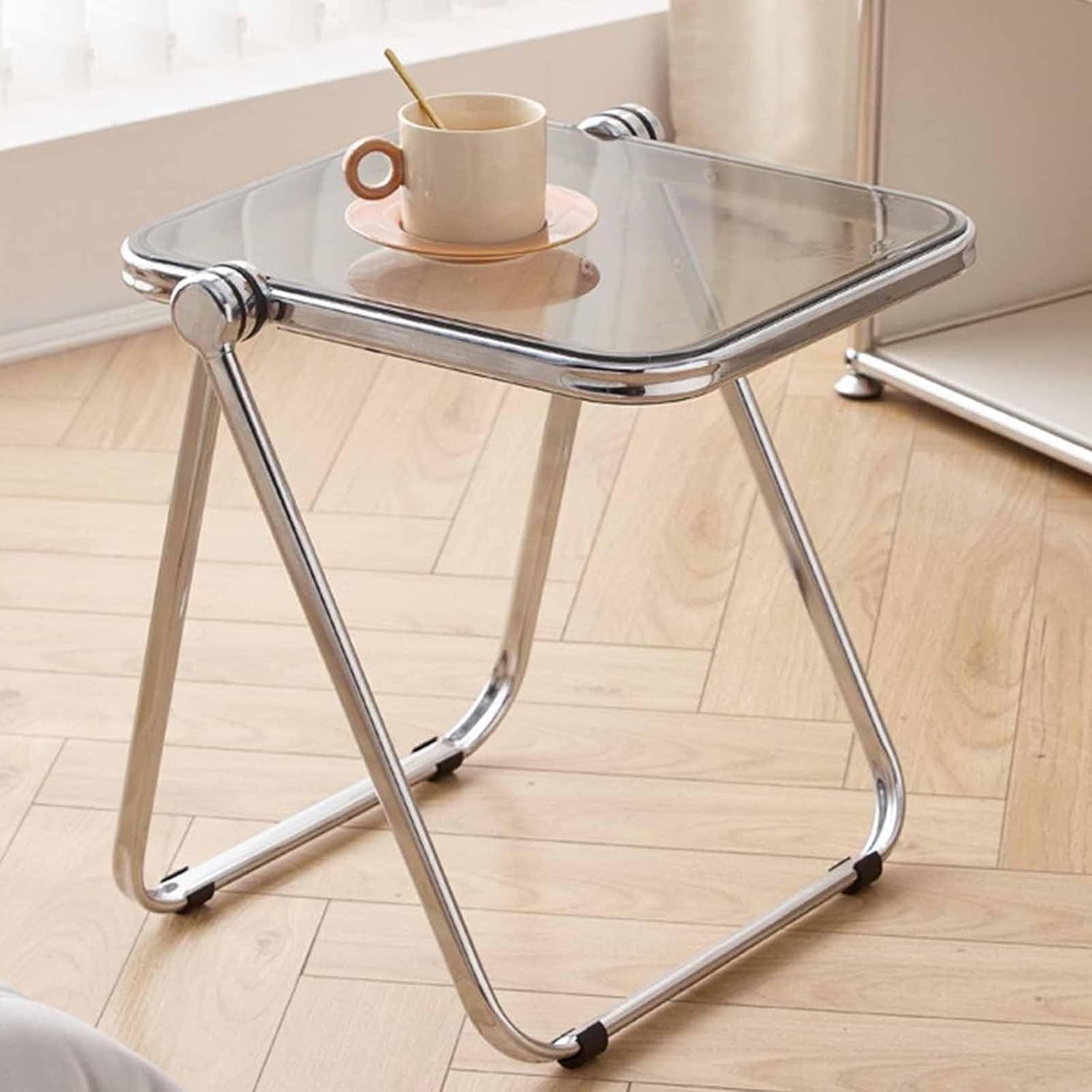 Transparent Acrylic Foldable Coffee Table – No Assembly, Smoky Gray, with Metal Frame