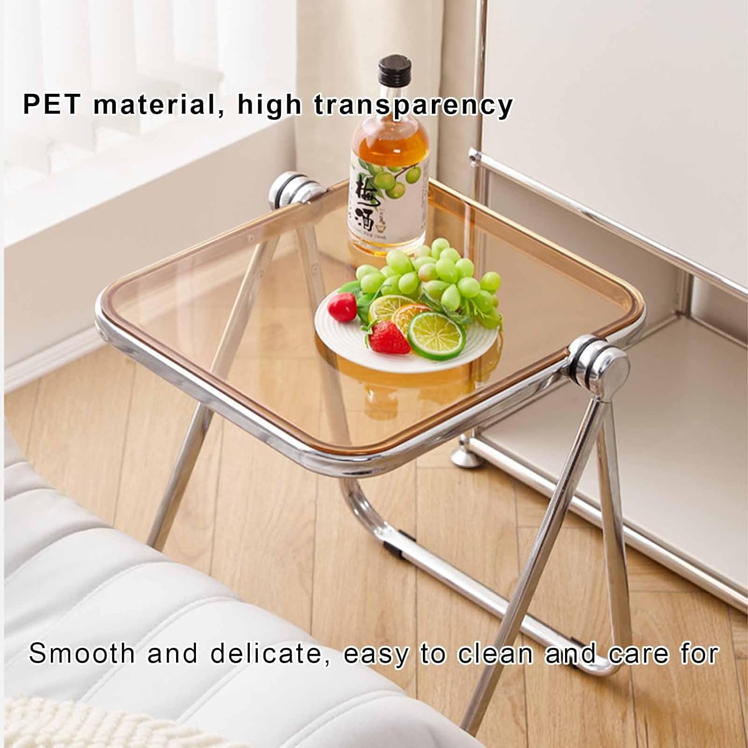 Transparent Acrylic Foldable Coffee Table – No Assembly, Smoky Gray, with Metal Frame