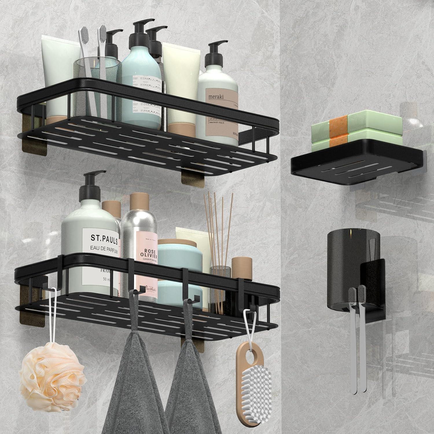 Self-Adhesive Bathroom Shower Shelf Organizer with Soap Dish – Rustproof Aluminium Caddy for Bathroom & Kitchen - LIFE STORES UGANDA