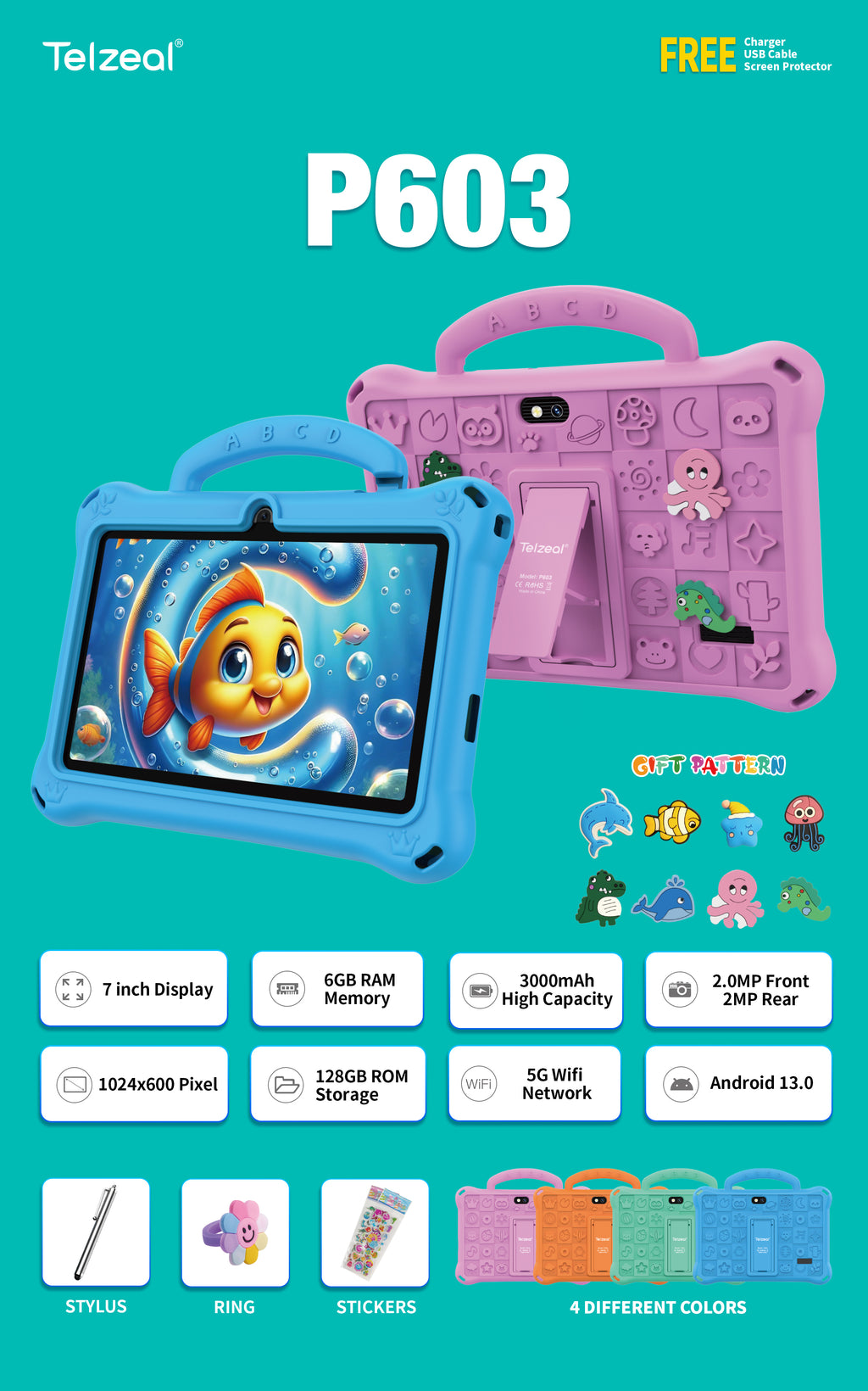 Telzeal P603 Kids Tablet | 7" HD Android, 6GB RAM 128GB Storage, Wi-Fi